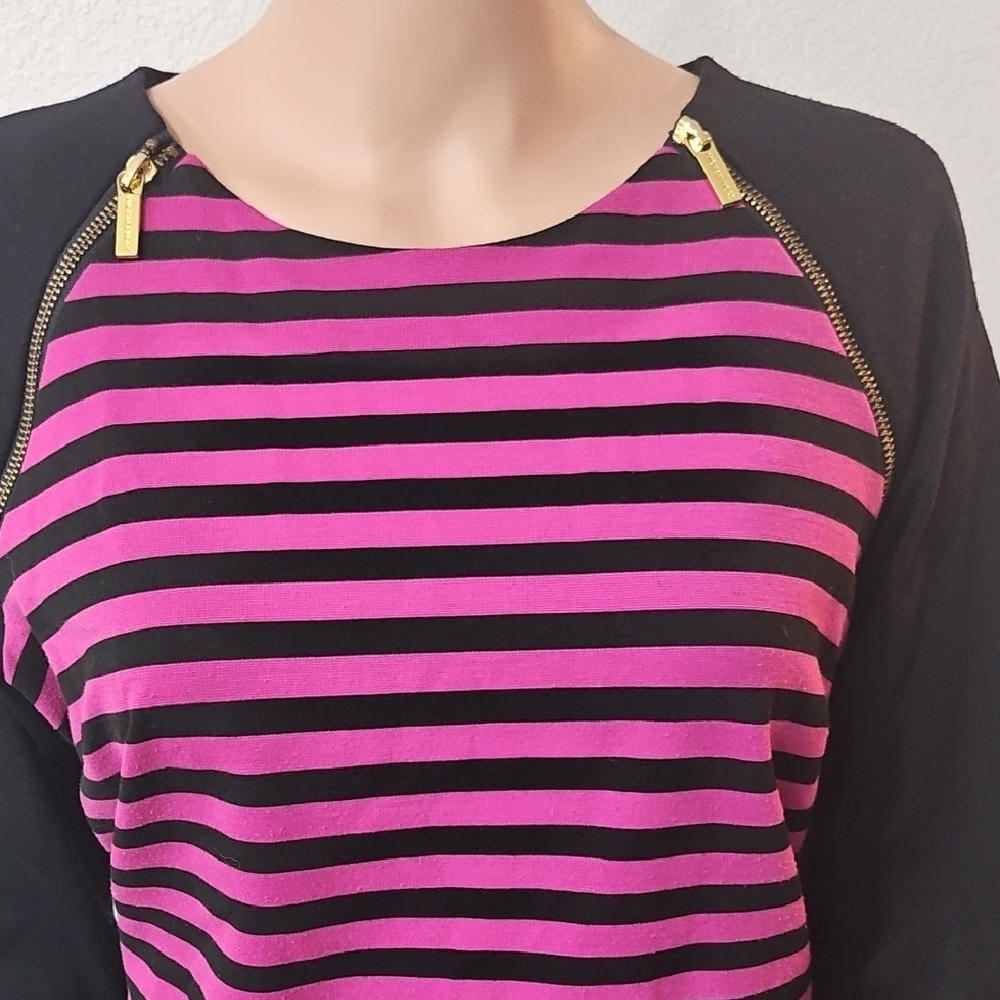 Michael Kors Black Pink Striped Long Sleeve Zip Accent Sheath Dress Sz 12